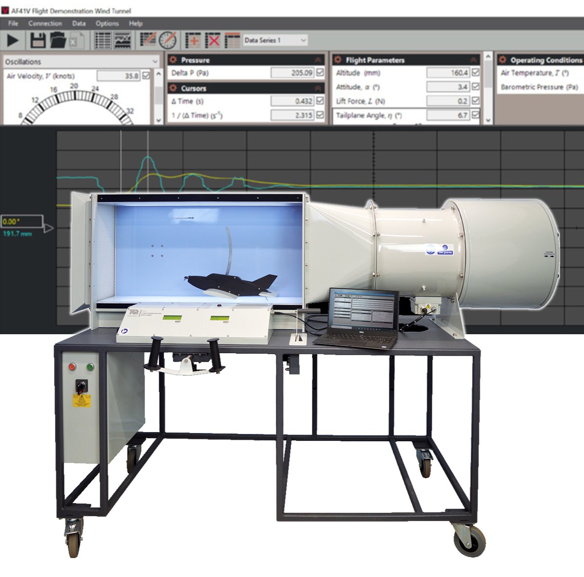 Túnel de viento con simulador de vuelo, sensores electrónicos y conexión a PC AF41V