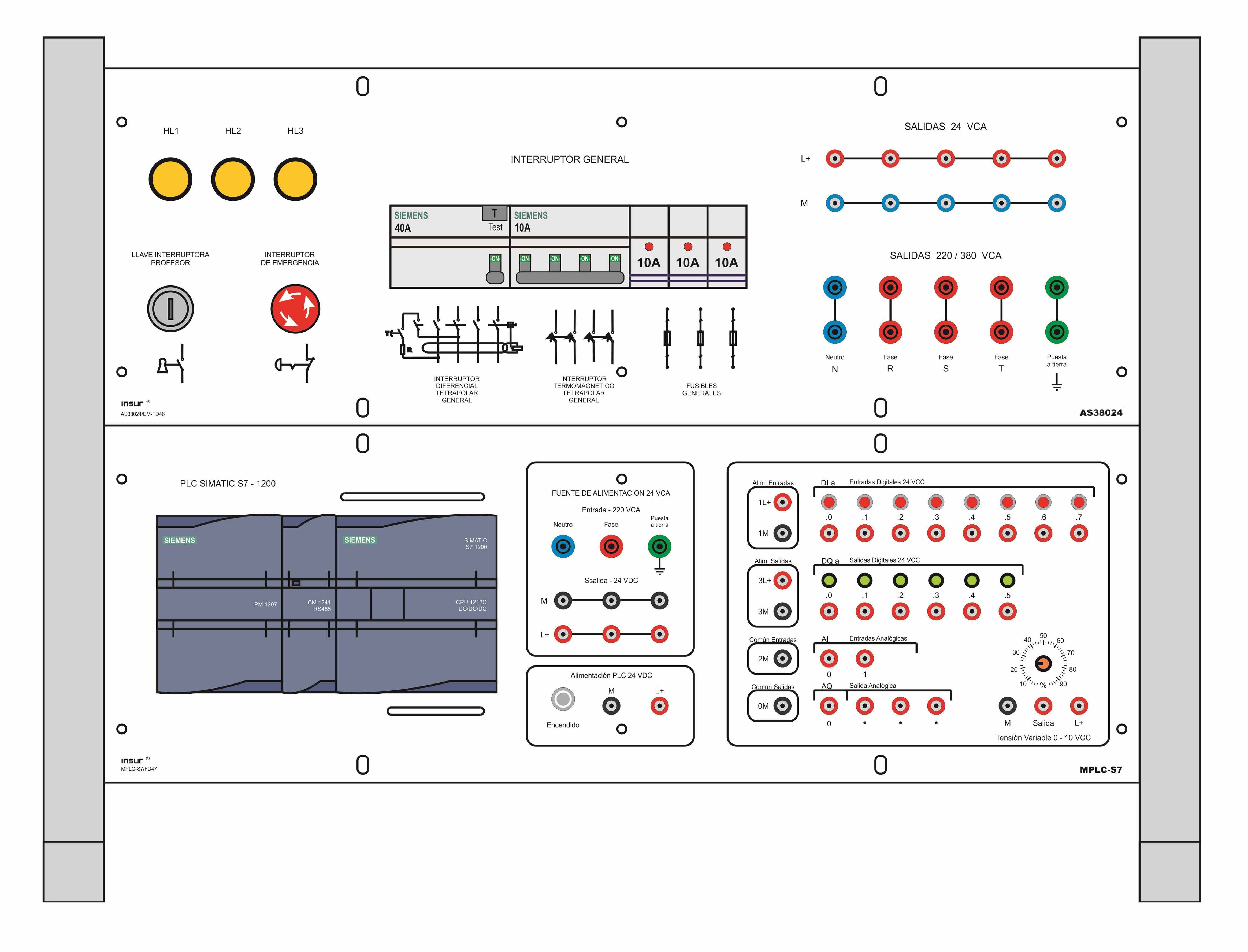 Tablero de sobremesa c/equipo didáctico para la prácticas de automatización industrial con PLC, sensores y actuadores AUTO 61