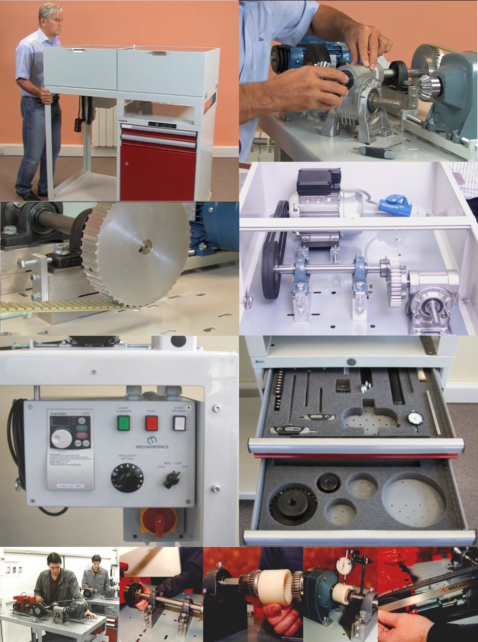 Conjunto autoportante para estudiar transmisiones mecánicas, con armario organizador, juego de herramientas e inversor TMEC 2903